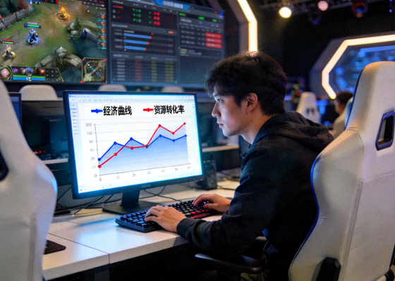 电竞赛事数据分析师查看经济曲线与资源转化率图表的工作场景