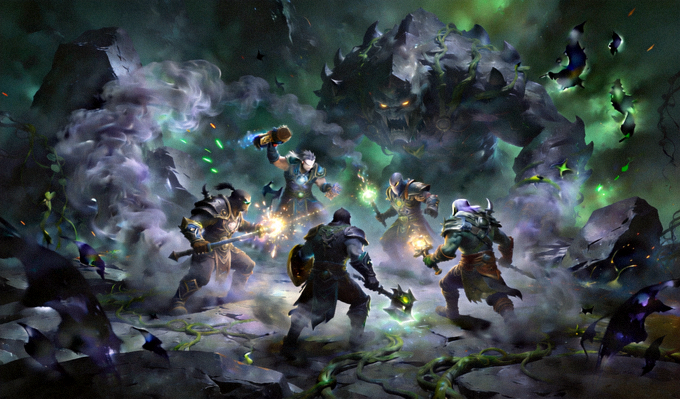 DOTA2战队在肉山巢穴附近集结开雾准备发起团战的游戏画面