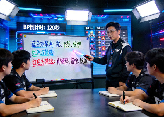 职业战队教练在BP阶段分析双方禁选阵容的战术会议画面